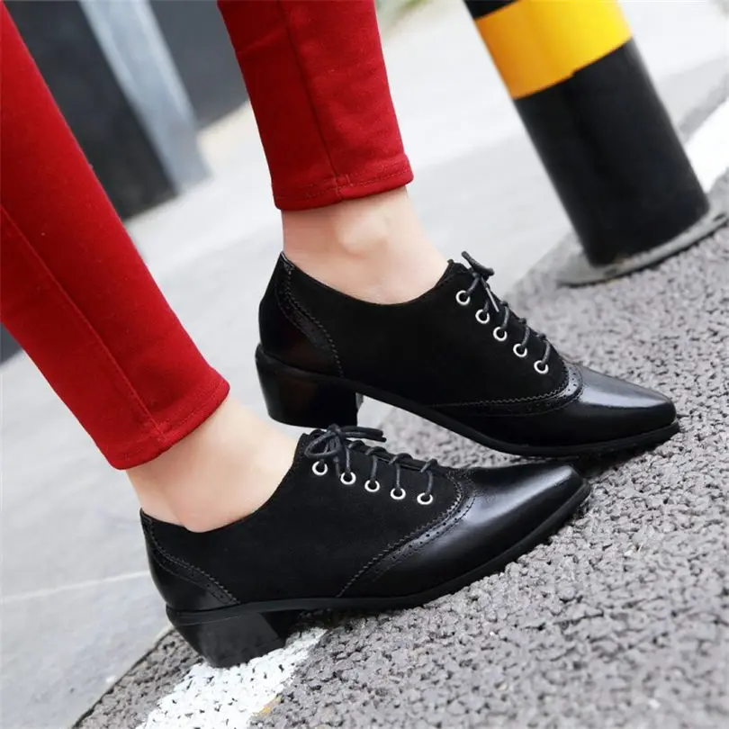 

NAYIDUYUN 2019 Womens Lace Up Chunky Med Heels Retro Pumps Office Lady Shallow Pointed Toe Party Brogue Shoes Casual Shoes