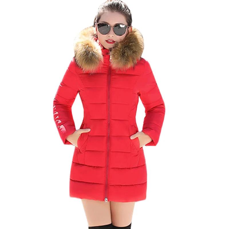 Зимние Теплый пуховик хлопковая куртка Для женщин парка Модный меховой воротник верхняя одежда с капюшоном, однотонные, большие Размеры женская одежда Z63