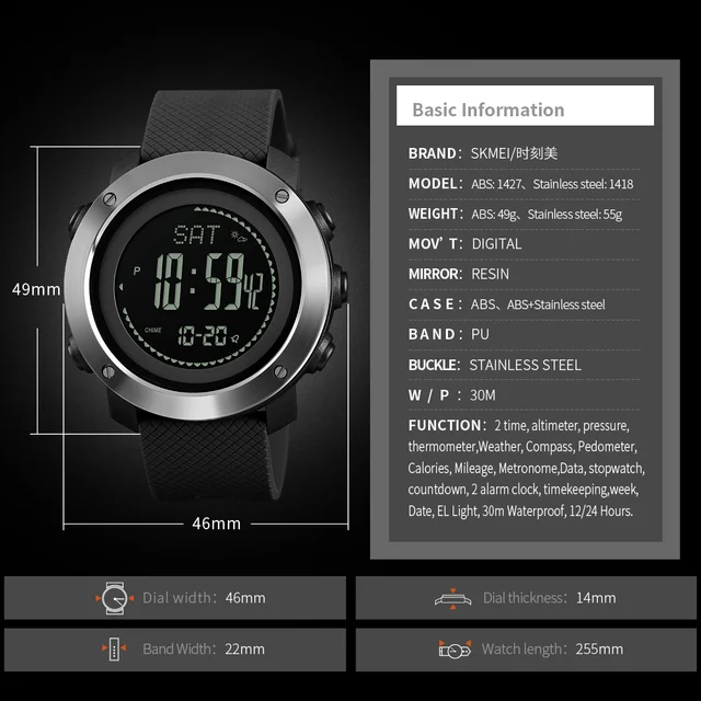SKMEI-relojes deportivos para hombre, pulsera Digital con termómetro, altímetro, cuenta atrás, presión, brújula, para exteriores 5