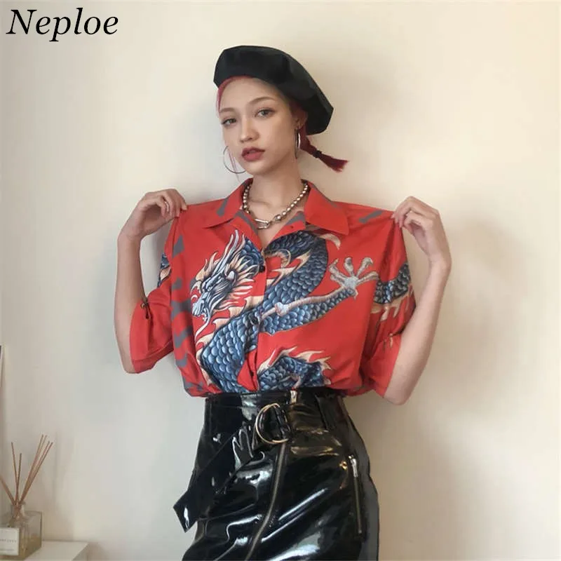 

Neploe Harajuku New Summer Blouse 3D Dragon Print Shirt 2020 Short Sleeve Turn-down Collar Tops Woman Man Causal Blouses 35272