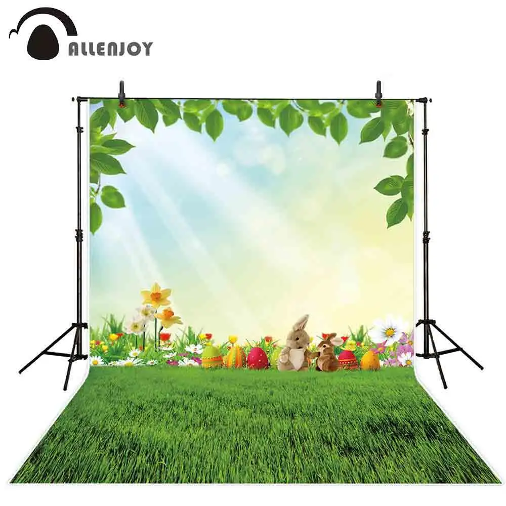 

Allenjoy Easter photography background spring rabbit egg leaves sky flower meadow backdrop photo studio photophone photocall