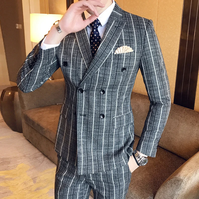British style men's suit two-piece suit (blazer + pants) fashion vertical stripes slim double-breasted high-end men's suits 2019 British style men's suit two-piece suit (blazer + pants) fashion vertical stripes slim double-breasted high-end men's suits 2019