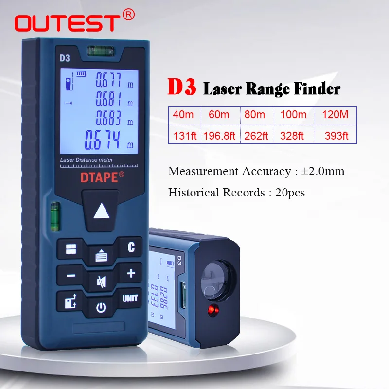 Laser Rangefinder OUTEST D3 Laser Distance Meter 40M-120M Pythagorean/Single/Continuous/max/min/Addition/Subtraction/Volume/Area