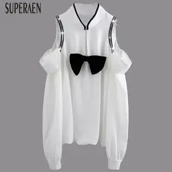 SuperAen Европа мода женская рубашка 2019 Весна и лето новый темперамент женские блузки и топы с открытыми плечами с длинными рукавами