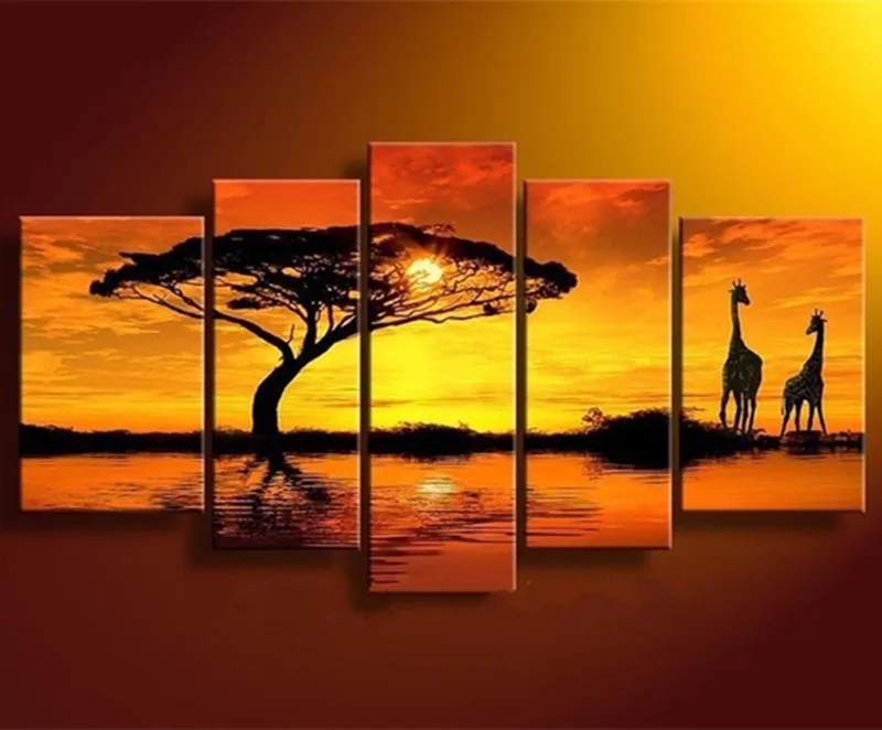 

Large 5 Panel Wall Painting set Handpainted Abstract Landscape Oil Paintings on Canvas Modern African Tree Giraffe Pictures Arts