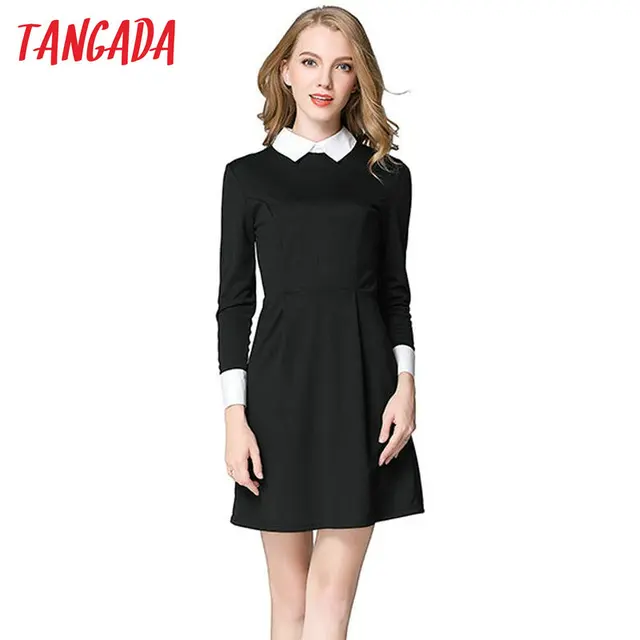 Tangada Winter School Dresses Fashion Women Office Black Dress With White Collar Casual Slim Vintage Brand Tangada Winter School Dresses Fashion Women Office Black Dress With White Collar Casual Slim Vintage Brand