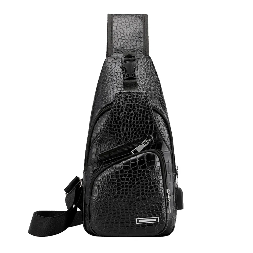 

Men‘s Diagonal Crocodile Pattern Sports Usb Chest Bag Outdoor Package bolsa feminina tiracolo mujer