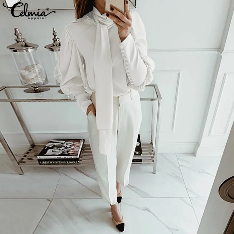  Women White Blouses Plus Size Tops Celmia Ladies Turtleneck Long Sleeve Work Shirts Casual Long Tie