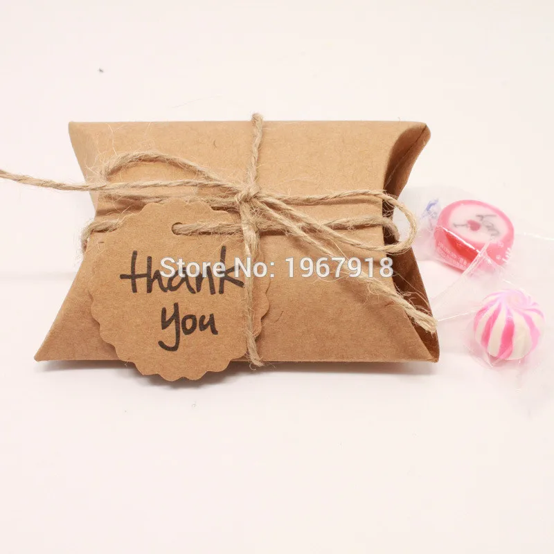 

100pcs Kraft Thank You Pillow Candy Box Dragee Wedding Favor Box Vintage Decoraiton Wedding Favours