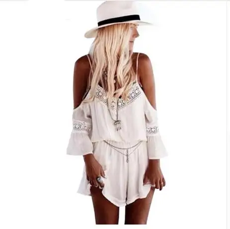 

2018 New Combishort Femme Summer Loose White Short Jumpsuit Deep V-neck Spaghetti Off Shoulder Playsuit Rompers Womens Jumpsuit