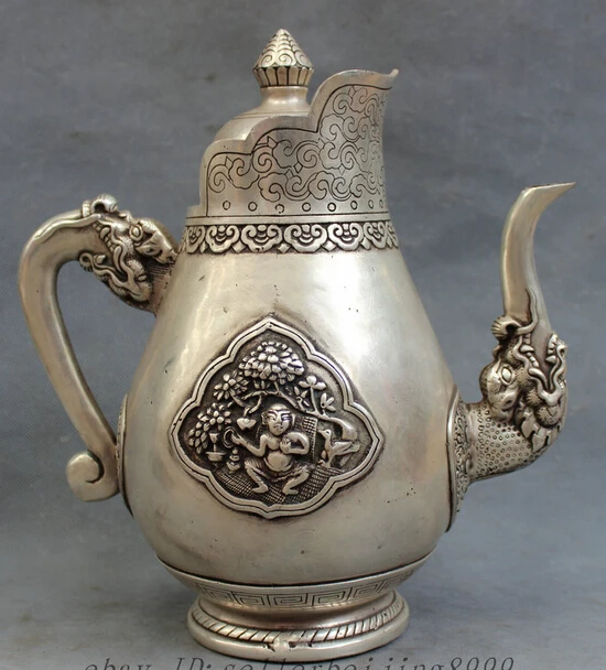 

JP S0114 12" Chinese Silver Buddhist Dragon Head Flower God Statue Flagon Wine Pot Teapot Discount 35%
