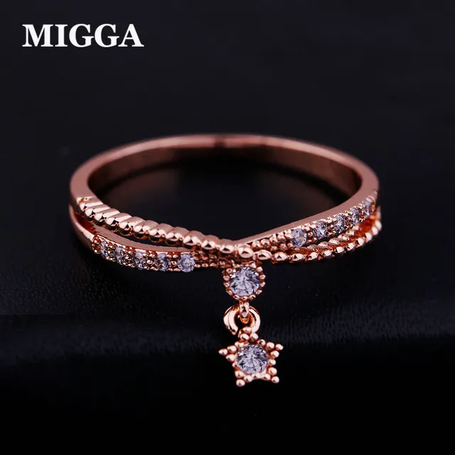MIGGA Delicate Small Star Pendant Cubic Zircon Ring Rose Gold Color Fashion Wome MIGGA Delicate Small Star Pendant Cubic Zircon Ring Rose Gold Color Fashion Wome