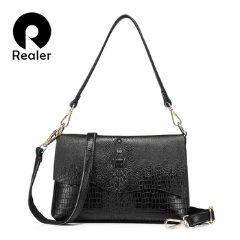 

REALER fashion women genuine leather shoulder bag female small handbag ladies messenger bag with crocodile prints crossbody bag
