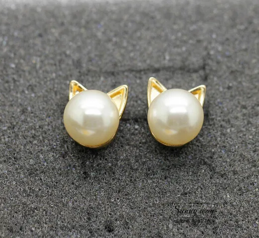 

Free shipping Cute Pearl Cat Head Studs Earrings wholesale