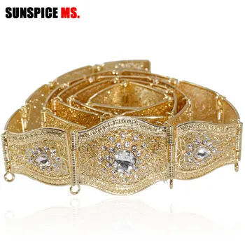 

SUNSPICEMS Morocco Women Caftan Metal Waist Belt Gold Silver Color Crystal Wedding Jewelry Sash Thin For Dress Adjustable Length