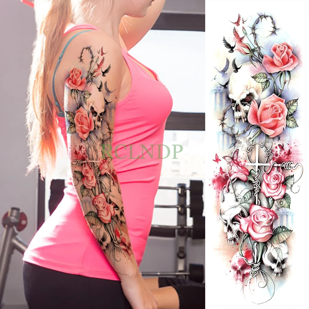 

Waterproof Temporary Tattoo Sticker Sexy Rose Cross Skull Full Arm Fake Tatto Big Flash Tatoo Sleeve Large Size Tato for Women