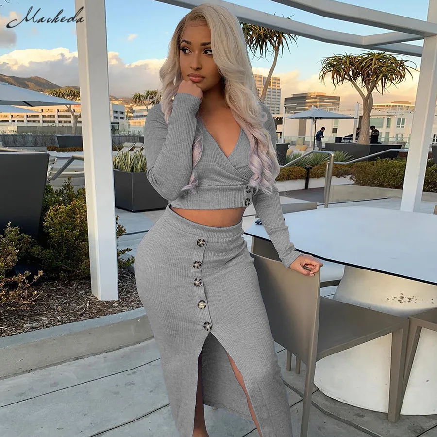 

Macheda Casual 2 Pcs Set Women Outfits Autumn Long Sleeve V Neck Top And Mid Long Split Skirt High Waist Matching Sets Solid New