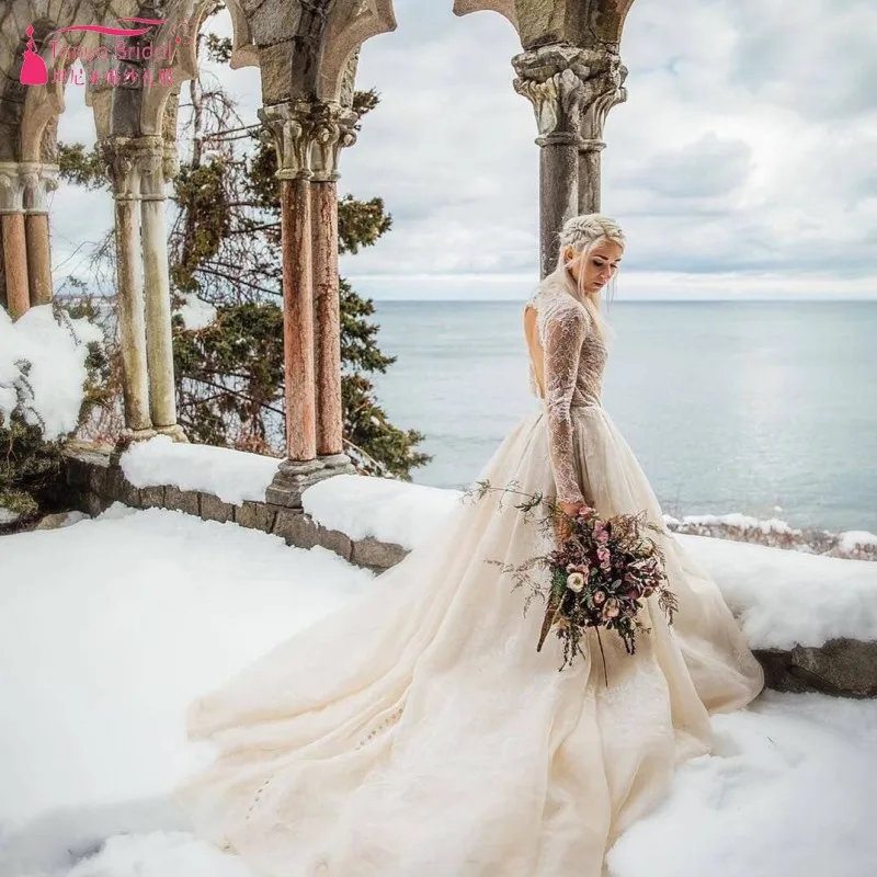 

TANYA Vestido de Noiva 2019 Wedding Dress Long Sleeves High Neck Lace A Line Bridal Bride Dress Robe De Mariee DQG892