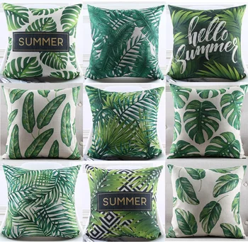 

Summer Green Leaves Monstera Cushion Cover Tropical Plants Flowers Birds toucan Parrot Cushion Covers Linen Cotton Pillow Case