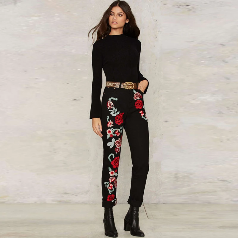 YNZZU размера плюс с вышивкой розы черные женские джинсы весенние винтажные прямые свободные джинсовые брюки джинсы для мам YB116