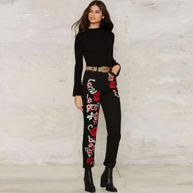 YNZZU Plus Size Rose Embroidery Black Women Jeans 2017 Spring Vintage Straight Loose Denim Pants Trouses Mom Jeans YB116 YNZZU Plus Size Rose Embroidery Black Women Jeans 2017 Spring Vintage Straight Loose Denim Pants Trouses Mom Jeans YB116