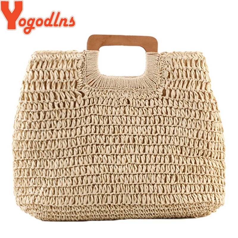 

Yogodlns Casual Large Capacity Straw Beach Bag Wooden Handle Handbag Women Handmade Woven Bag Lady Casual Purses Summer Balii