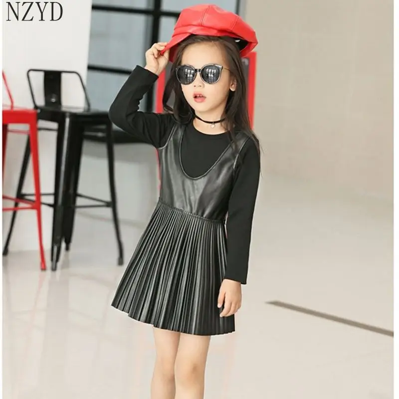 

2017 New Fashion Spring Autumn Girls Fake Two Piece Dress Children Pure Color Princess Leather Dress Korean Kids Clothes DC070