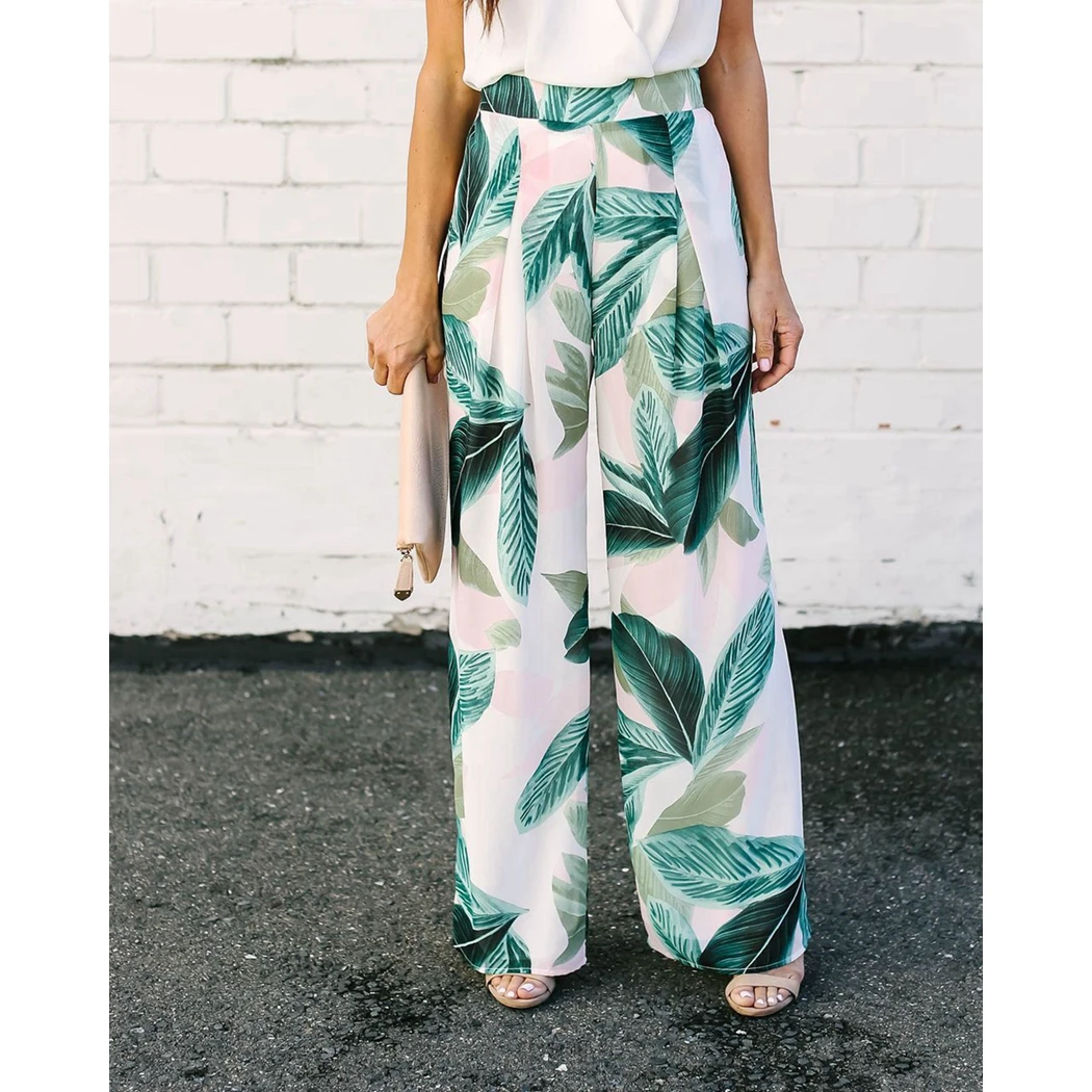 

Boho Leaves Printed Women Wide Leg Pants 2019 Summer Loose Pants Casual High Waist Bohemian Beach Long Trousers Pantalon Femme