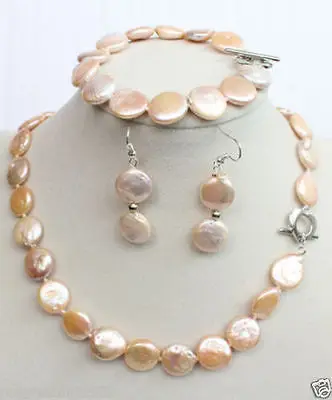 

hot -hot Elegant 11-12MM Freshwater pink coin pearl Necklaces Bracelet Earrings Set new