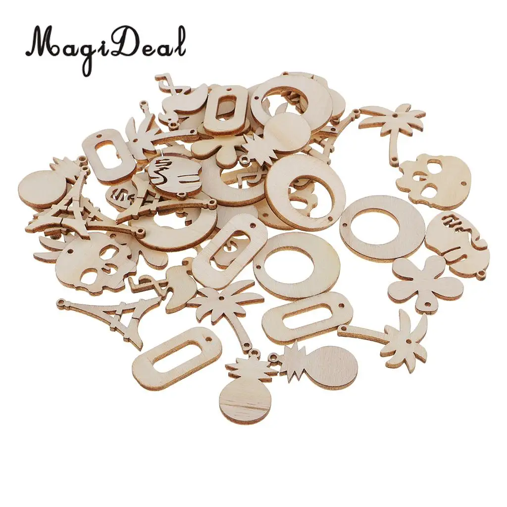 50pcs Assorted Natural Wood cutouts Shapes Chic Wooden Embellishment Scrapbooking Craft DIY Wind Chimes Xmas Hanging Decorations