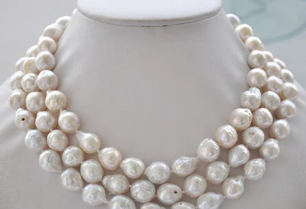 

0002392 3row 18" 13mm white almost round keshi reborn Edison pearl necklace