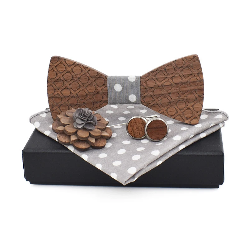  Handmade Wood Bow Tie Men Wooden Bowtie Handkerchief Cufflink Wood Lapel Pins Set for Man Fashion W