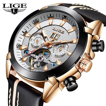 

New Sport Mechanical Watches LIGE Mens Business Leather Automatic Mechanical Watch Men Military Waterproof Clock Montre Homme