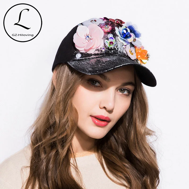 

GZHILOVINGL 2019 Metallic Baseball Cap Women Flower Cap Casual Cotton Hat Solid Color Snapback Cap Hip Hop Bone Adjustable Hat