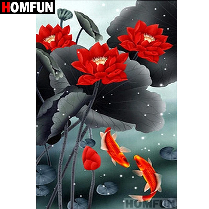 HOMFUN Full Square/Round Drill 5D DIY Diamond Painting &quotLotus fish&quot Embroidery Cross Stitch Home Decor Gift A06922 | Дом и сад