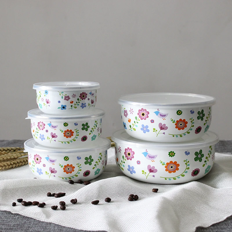 

Round bottom sealing thickened refrigerator storage preservation fresh enamel bowl five piece set fresh box lunch box