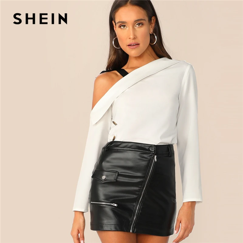 

SHEIN Asymmetrical Neck Foldover Front Top With Tie Shoulder Women Chic White Solid Spring Elegant Autumn Tops and Blouses