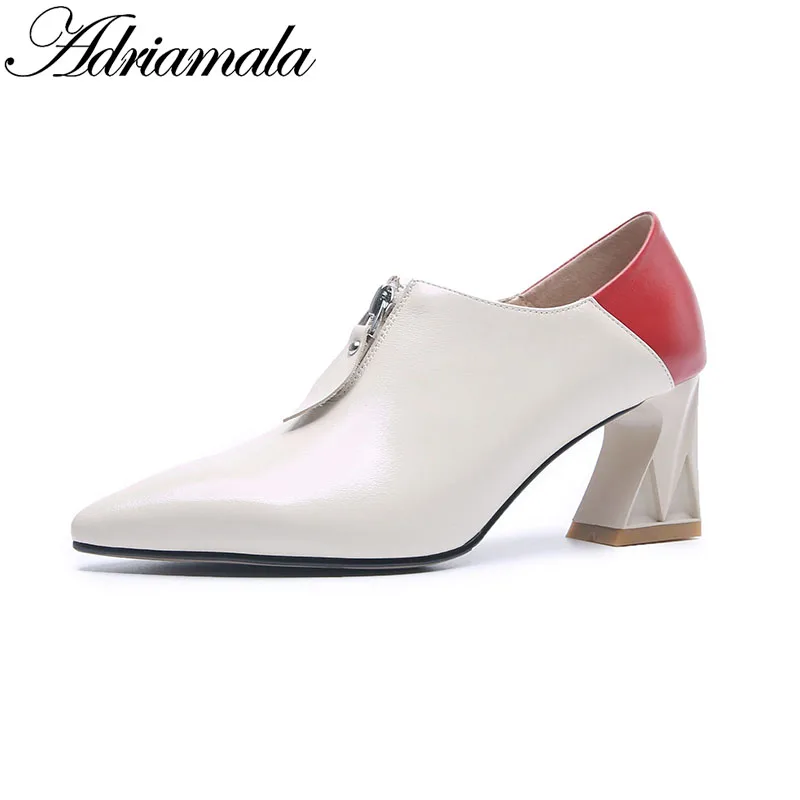

2018 Genuine Leather Pointed Toe High Heels Women Ankle Boots Brand Designer Mix Color Thick Heels Ladies Dress Shoes Adriamala