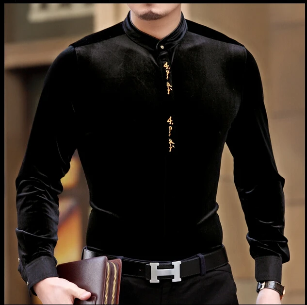 Хит, новая брендовая мужская одежда, Золотая Бархатная рубашка со стоячим воротником, деловая приталенная рубашка с длинным рукавом, платье для мужчин, костюмы певицы
