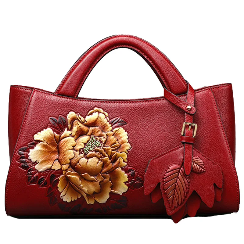 

Women Genuine Leather Shoulder Bag Chinese Style Handbag Embossed Buckets Bag Ladies Totes Flower Crossbody Bags Retro Bolsas