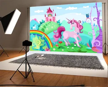 

sky white clouds Cartoon Unicorn Forest Castle Rainbow Flower Background Vinyl cloth Computer print children kids backdrops
