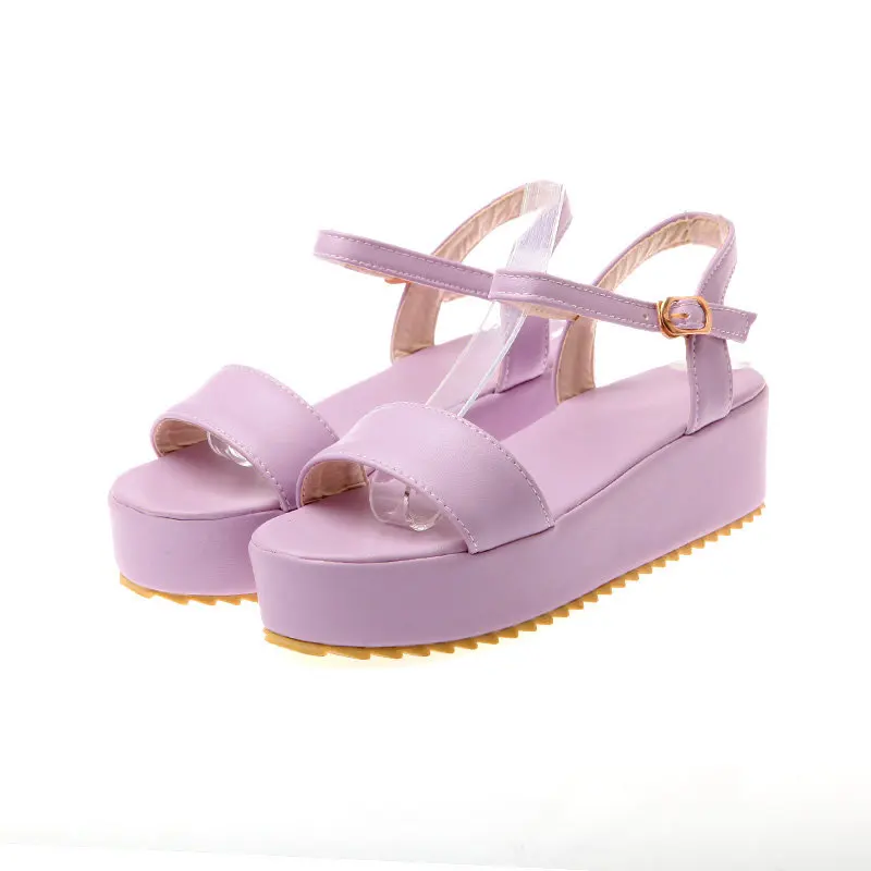 

Sweet Woman Sandals Ankle Strap Flat Low Heels Platform Open Toe PU Leather Sexy Summer Causal Party Dress Purple Ladies Shoes
