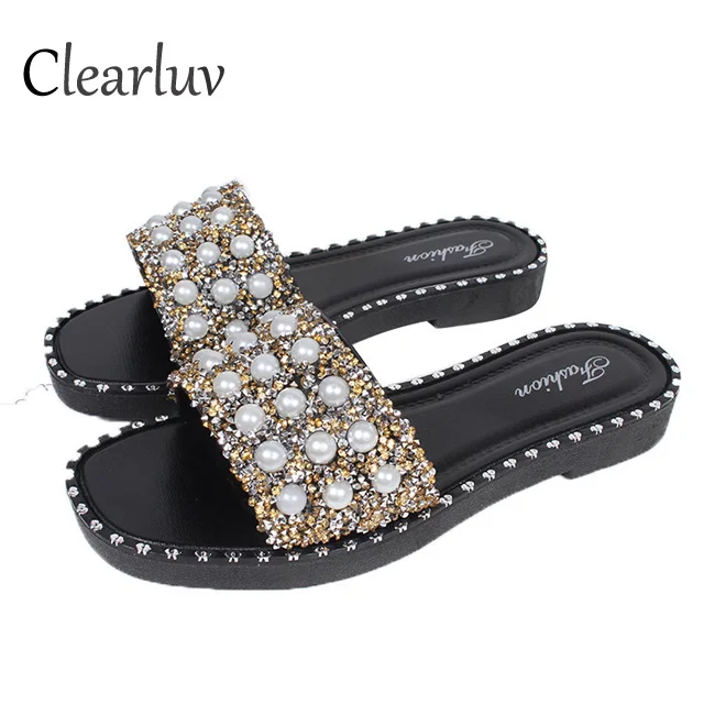 

Summer new flat rhinestone pearl slippers female Korean version of the wild fashion non-slip beach sandals women zapatos de muje