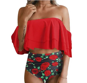 

Sexy Floral Print Swimsuit Women Solid Ruffles Bikinis High Waist Swimwear Off Shoulder Bathing Suit Beach Wear Biquini Female