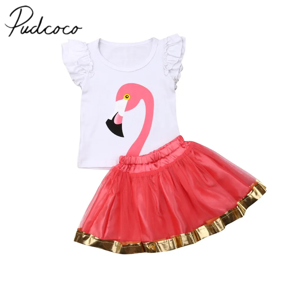

2019 Children Summer Clothing Newborn Baby Girl Fly Sleeve Tops Short Sleeve Shirt + Tutu Skirt Outfits Flamingo Clothes Set