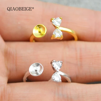 

QIAOBEIGE 925 sterling-silver-jewelry Adjustable Ring Blank For Woman bow knot Fit over 8MM pearl hold stone Ring Setting R3220