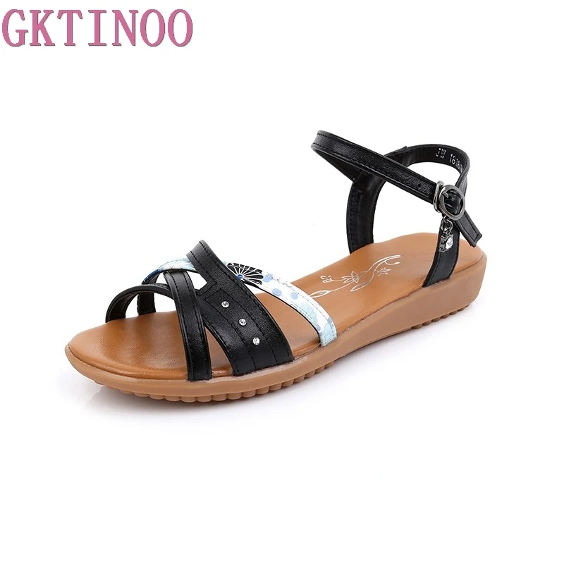 

GKTINOO Genuine Leather Women Flat Sandals Plus Size 34-43 New Fashion Casual Solid Buckle Strap Woman Shoes Summer Footwear