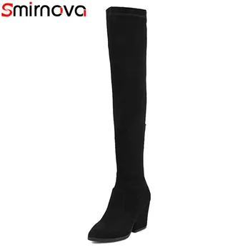 

Smirnova 2018 new over the knee boots square high heels long boots women black suede leather boots round toe zip female shoes
