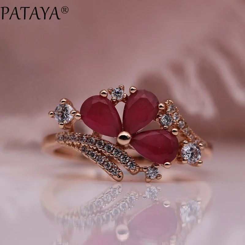 

PATAYA New Three Water Drop Women Rings 585 Rose Gold Round Natural Zirconia Wedding Party Fashion Jewelry Trendy Colored Rings