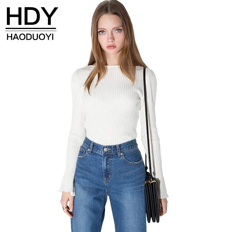 

HDY Haoduoyi 2019 Spring Fashion Basic Tops Women Flare Sleeve Female Pullover Tops Sweet Solid Knitted Casual Ladies T-shirt